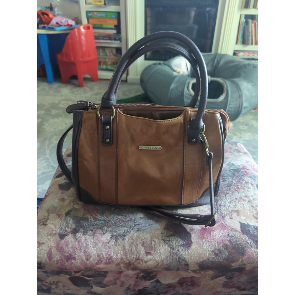 Vintage Stone & Co Two Tone Leather Handbag Purse Satchel Crossbody Tan Brown